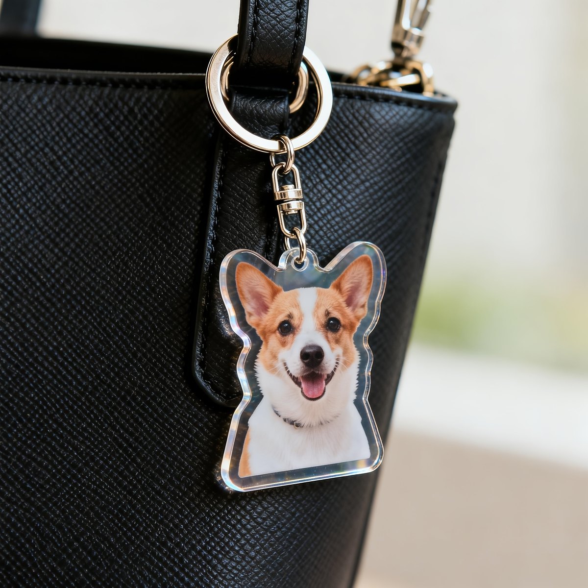Sleutelhanger met foto van een corgi aan een zwarte tas
