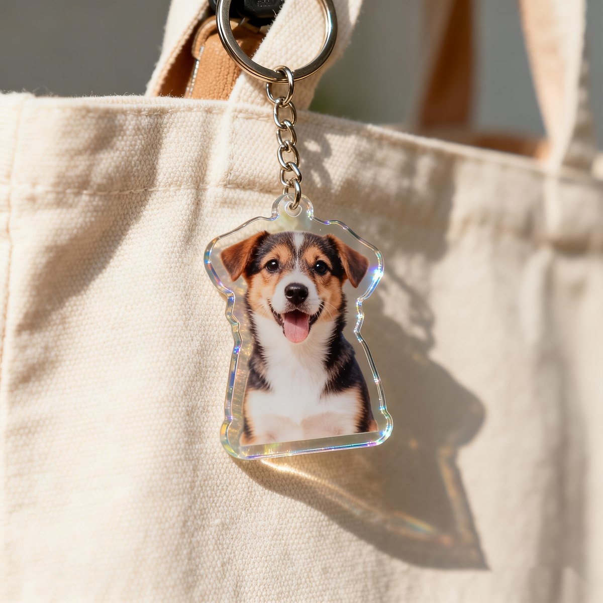 Sleutelhanger puppy aan een linnen tas