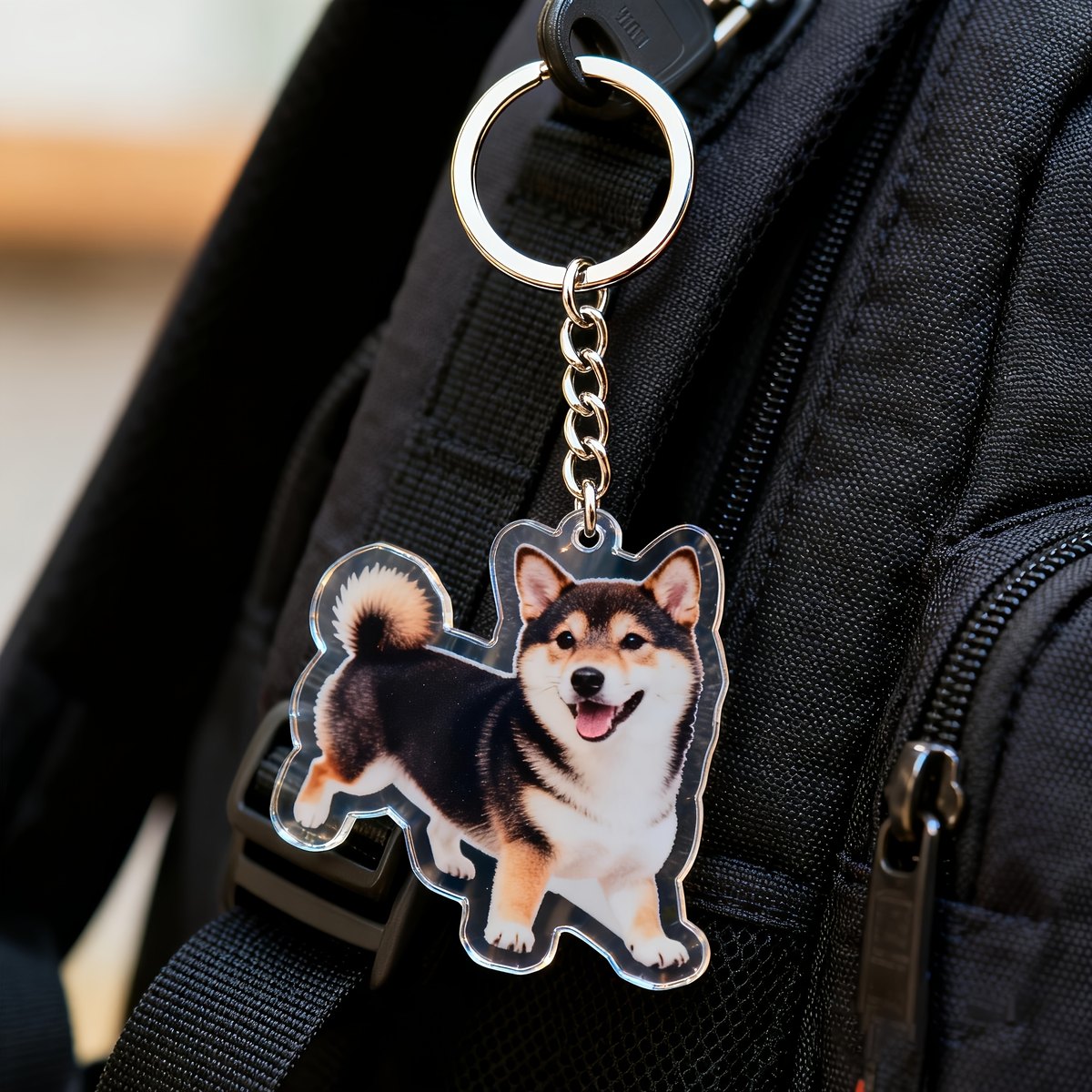 Sleutelhanger met foto van een shiba aan een rugzak