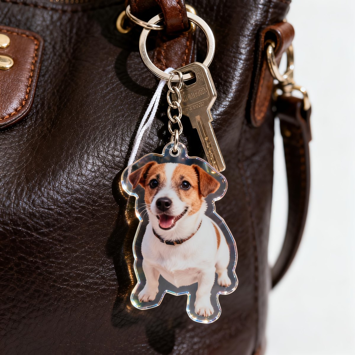 Sleutelhanger jack russell aan een bruine tas