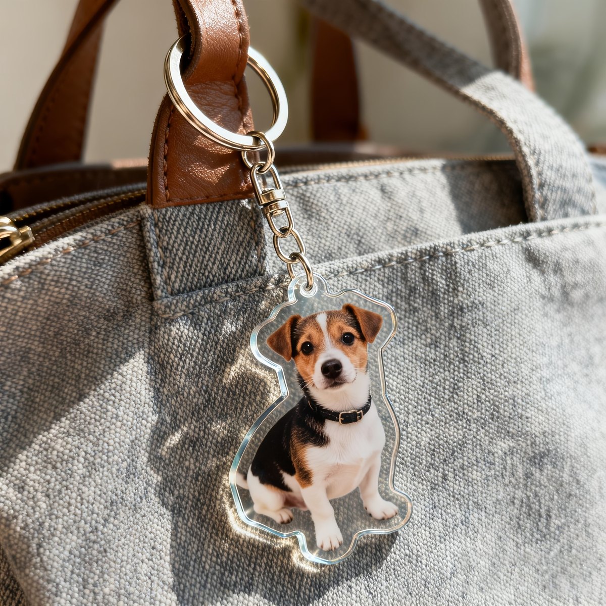 Sleutelhanger jack russell aan een grijze tas